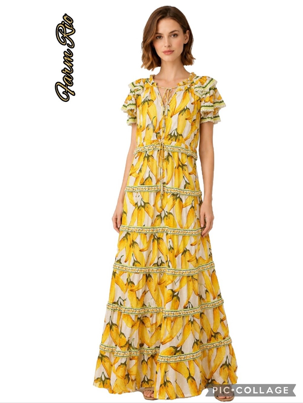 FARM Rio Yellow Tropical Banana-Print Tiered Maxi Dress with Ruffle Layers